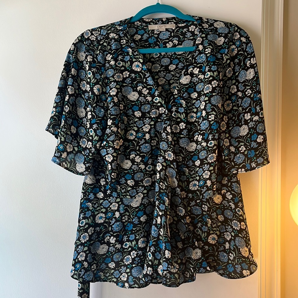Blue floral wrap shirt